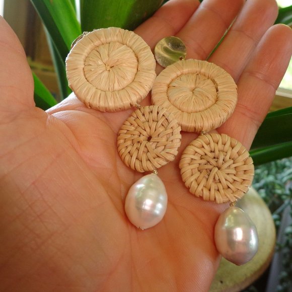 FIRM NEW Anthropologie Hideaway Straw Pearl Drop Pierced Earrings